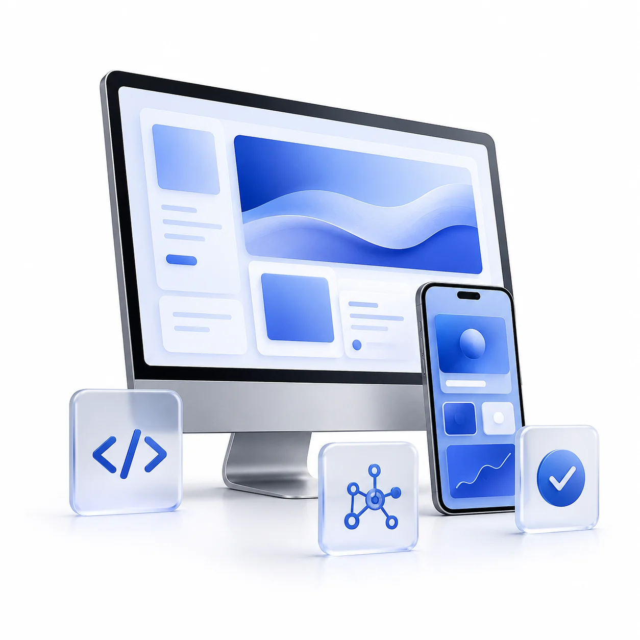 3D illustration of connected website, mobile application and AI development