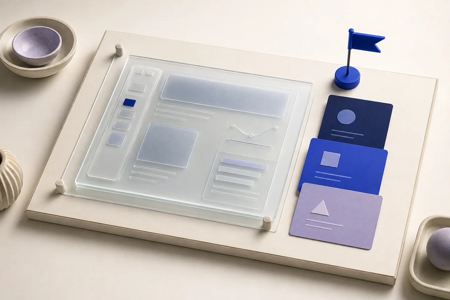 A drafting board with a glass product blueprint, geometric role cards and a cobalt pilot flag.