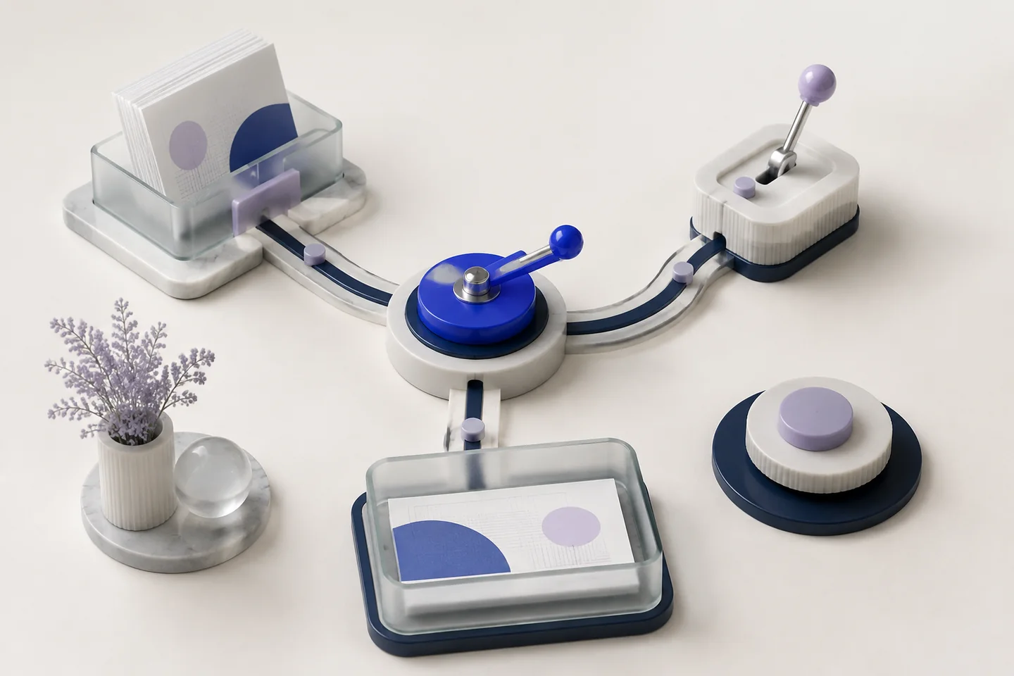 A central blue workflow switch connects document trays and an approval lever along branching tracks.