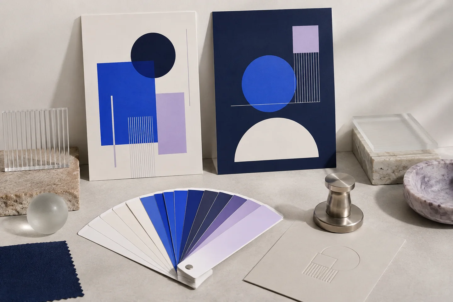 Geometric poster layouts, a blue and lilac colour fan and a metal embossing stamp on a designer’s table.