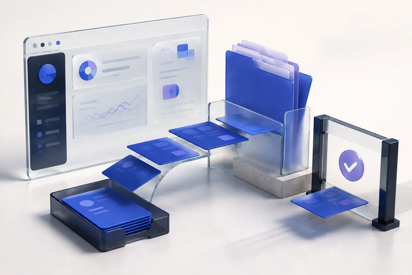 A glass customer portal connects a request tray, document folders and an approval gate.