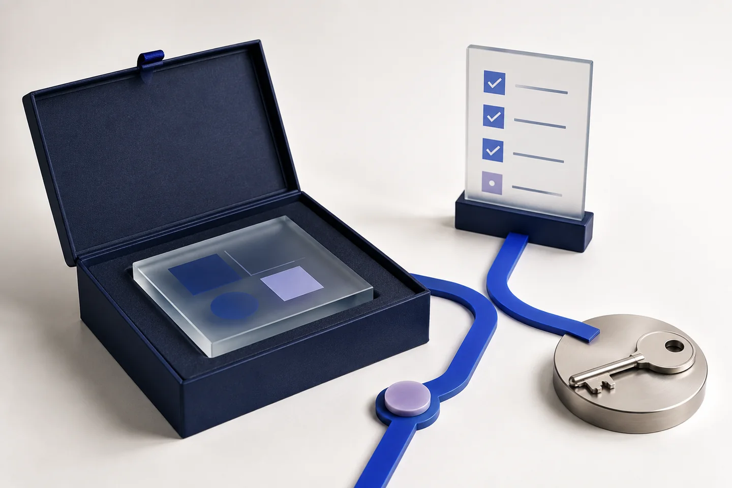 An open delivery case holds a glass software module beside a review checklist, branching path and metal key.